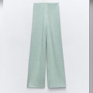ZARA FLOWY WIDE LEG RIBBED PANTS | Green Marl | LARGE